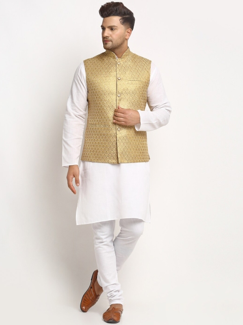 TREEMODA Men Gold Coloured Embellished Woven Nehru Jacket - Image 5