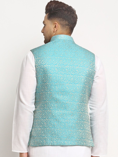 TREEMODA Men Turquoise Blue Embellished Woven Nehru Jacket - Image 4