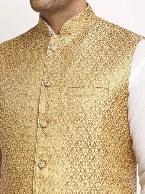 TREEMODA Men Gold Coloured Embellished Woven Nehru Jacket - Image 2