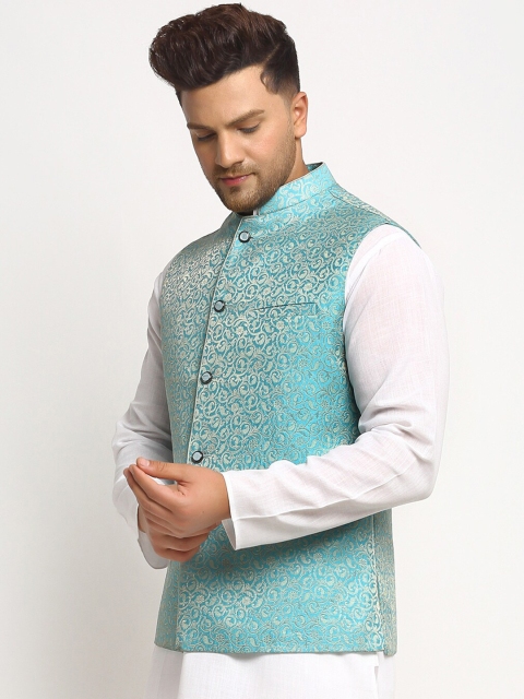 TREEMODA Men Turquoise Blue Embellished Woven Nehru Jacket - Image 3