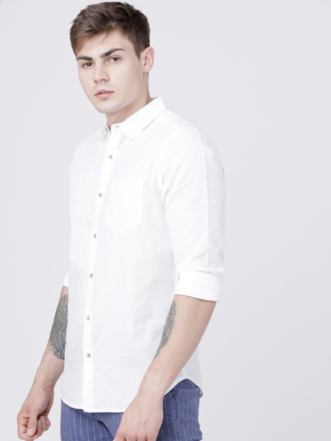 HIGHLANDER Men White Slim Fit Casual Cotton Linen Shirt - Image 4