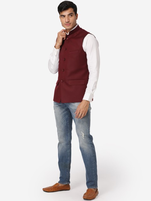 Wintage Men Maroon Solid Nehru Jacket - Image 5