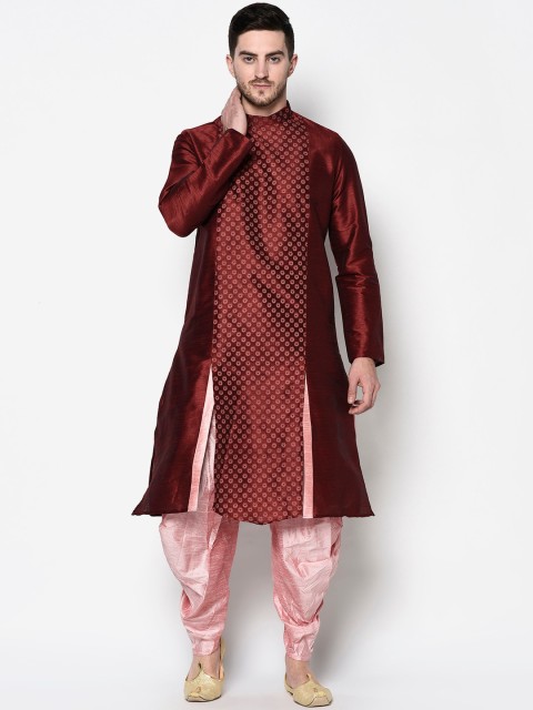 DEYANN Men Maroon & Pink Geometric Kurta - Image 6