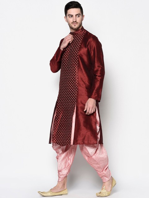 DEYANN Men Maroon & Pink Geometric Kurta - Image 4
