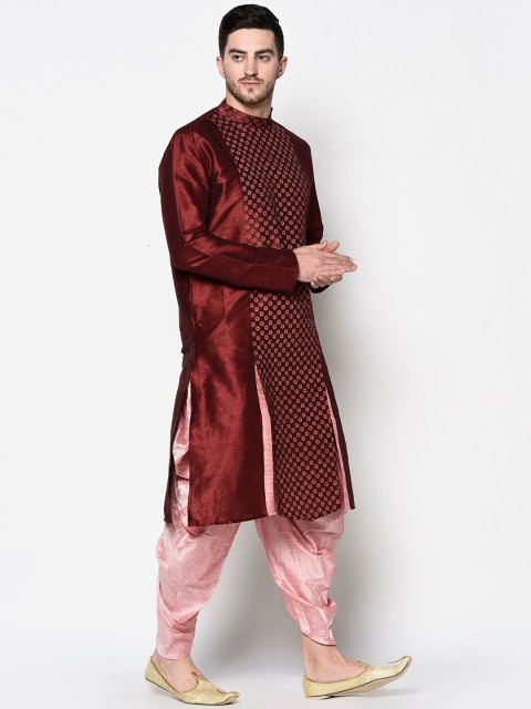 DEYANN Men Maroon & Pink Geometric Kurta - Image 3
