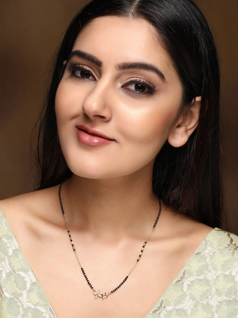 Rubans Women Gold Plated Handcrafted Zircon Studded & Black Beaded Mangalsutra
