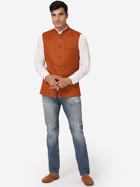 Wintage Men Rust Orange Solid Casual Nehru Jacket - Image 5