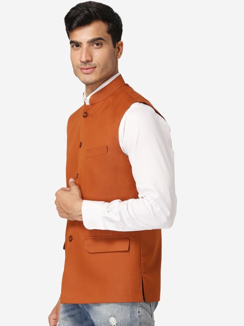 Wintage Men Rust Orange Solid Casual Nehru Jacket - Image 3
