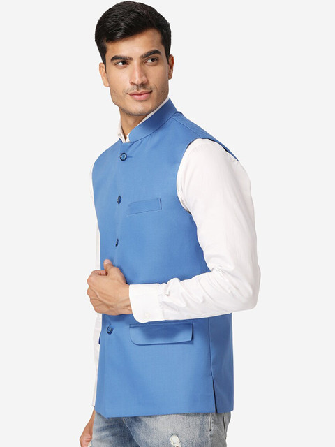 Wintage Men Blue Solid Nehru Jacket - Image 3