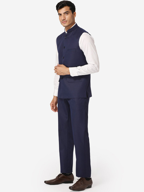 Wintage Men Navy Blue Solid Bandhgala Formal Two-Piece Suit - Image 4