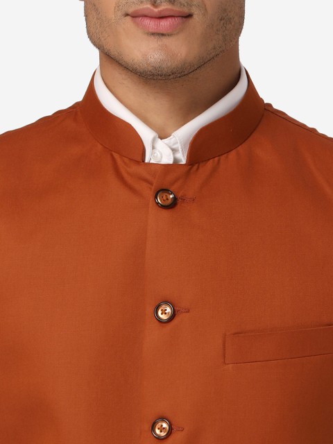 Wintage Men Rust Orange Solid Casual Nehru Jacket - Image 2