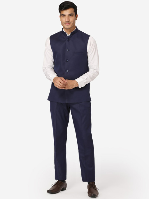 Wintage Men Navy Blue Solid Bandhgala Formal Two-Piece Suit - Image 6