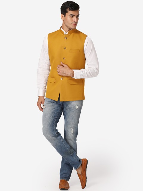 Wintage Men Mustard Yellow Solid Nehru Jacket - Image 5