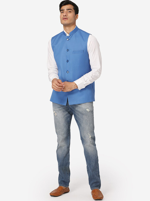 Wintage Men Blue Solid Nehru Jacket - Image 5