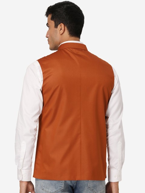Wintage Men Rust Orange Solid Casual Nehru Jacket - Image 4
