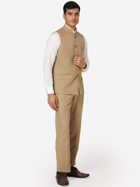 Wintage Men Beige Solid Bandhgala Formal Two-Piece Suit - Image 4