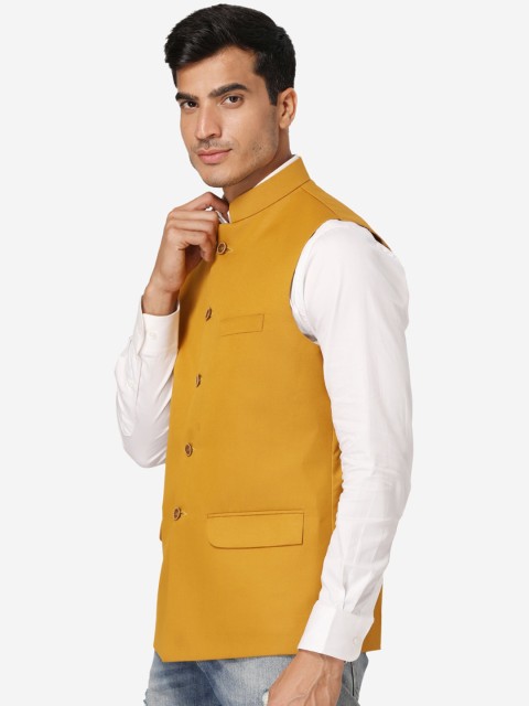 Wintage Men Mustard Yellow Solid Nehru Jacket - Image 3