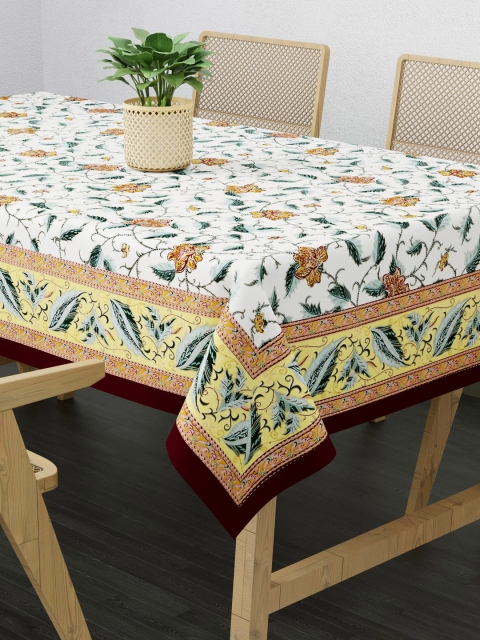 Clasiko White & Yellow Floral Printed Pure Cotton 6-Seater Rectangle Table Cloth - Image 3