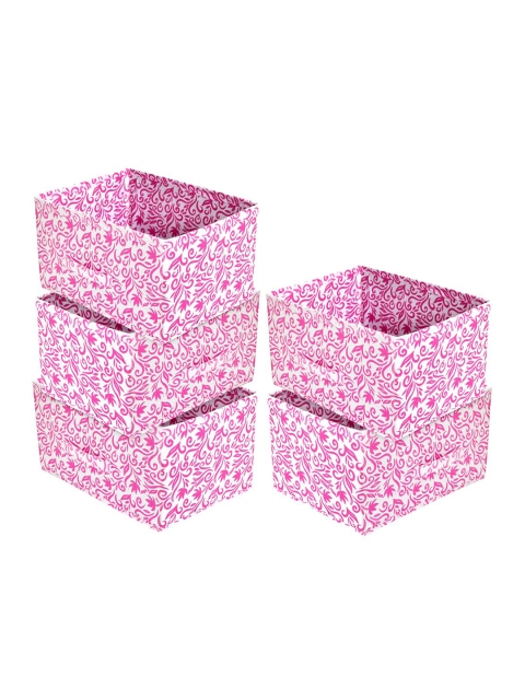 Kuber Industries Set Of 5 Pink & White Leaf Print Cloth Organizers
