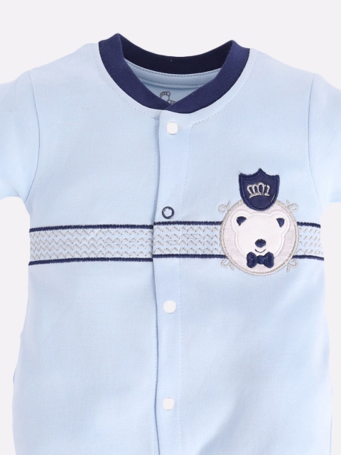 BABY GO Infant Boys Blue Embroidered Pure Cotton Rompers - Image 3