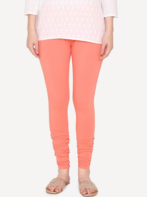 Vami Women Peach-Coloured Cotton Solid Churidar-Length Leggings
