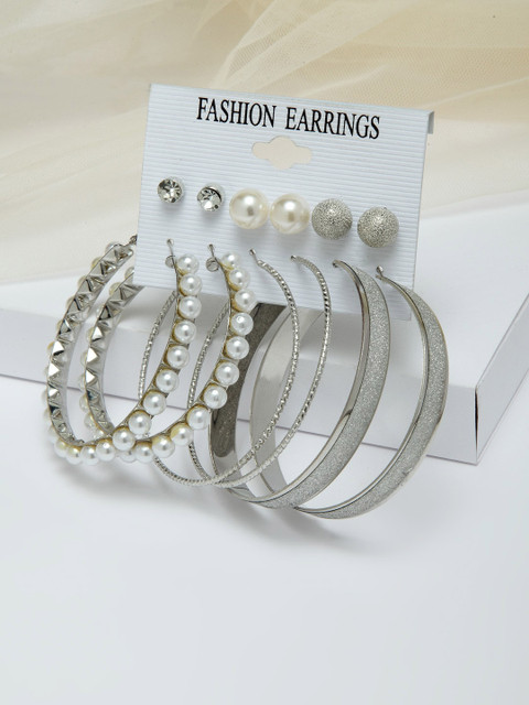 Shining Diva Fashion Combo Set of 6 Silver Plated Hoop Stud Earrings