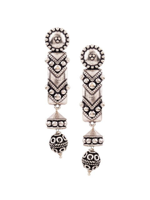 Voylla Silver-Plated Black Oxidised Contemporary Drop Earrings - Image 2