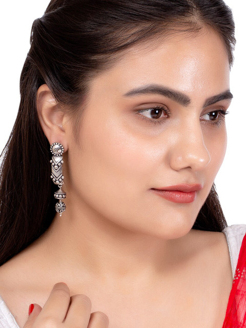 Voylla Silver-Plated Black Oxidised Contemporary Drop Earrings - Image 4