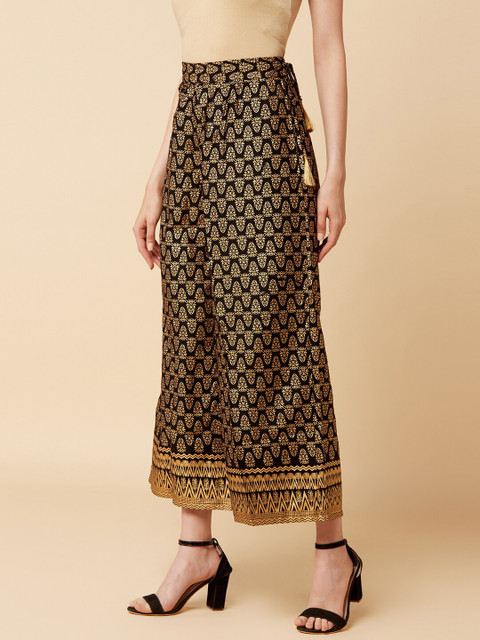 Varanga Women Black & Gold-Toned Printed Wide Leg Palazzos - Image 3