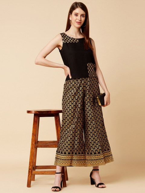 Varanga Women Black & Gold-Toned Printed Wide Leg Palazzos - Image 5