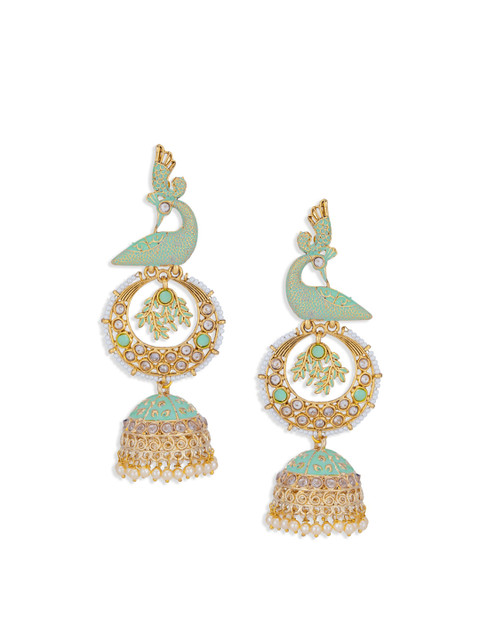 Sukkhi Sea Green Gold-Plated Beaded Meenakari Peacock Shaped Jhumkas - Image 2