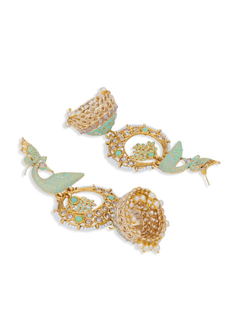 Sukkhi Sea Green Gold-Plated Beaded Meenakari Peacock Shaped Jhumkas - Image 3