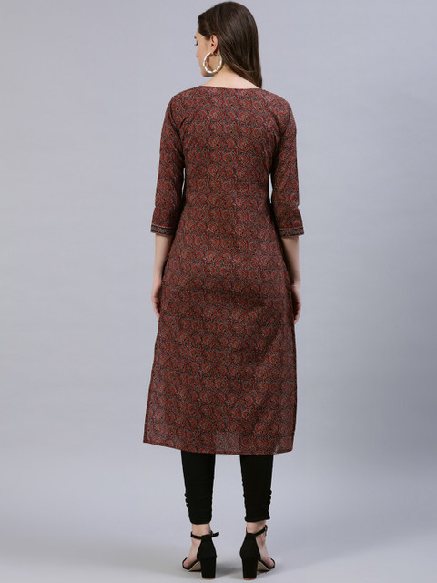 Nayo Women Maroon & Navy Blue Ethnic Motifs Printed Straight Kurta - Image 4