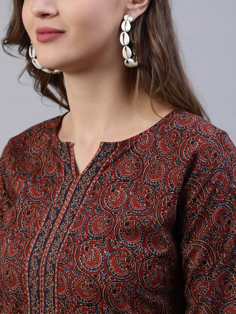 Nayo Women Maroon & Navy Blue Ethnic Motifs Printed Straight Kurta - Image 2