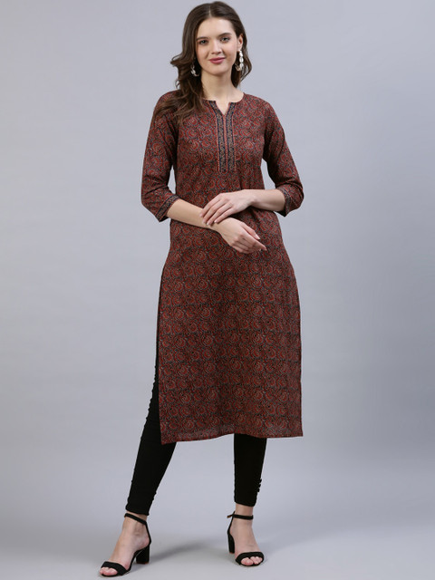 Nayo Women Maroon & Navy Blue Ethnic Motifs Printed Straight Kurta