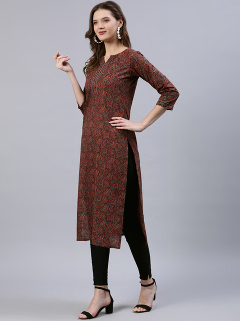 Nayo Women Maroon & Navy Blue Ethnic Motifs Printed Straight Kurta - Image 5