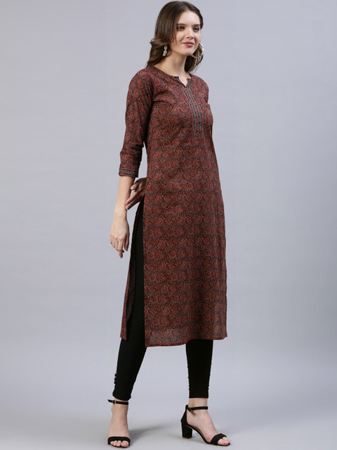 Nayo Women Maroon & Navy Blue Ethnic Motifs Printed Straight Kurta - Image 3
