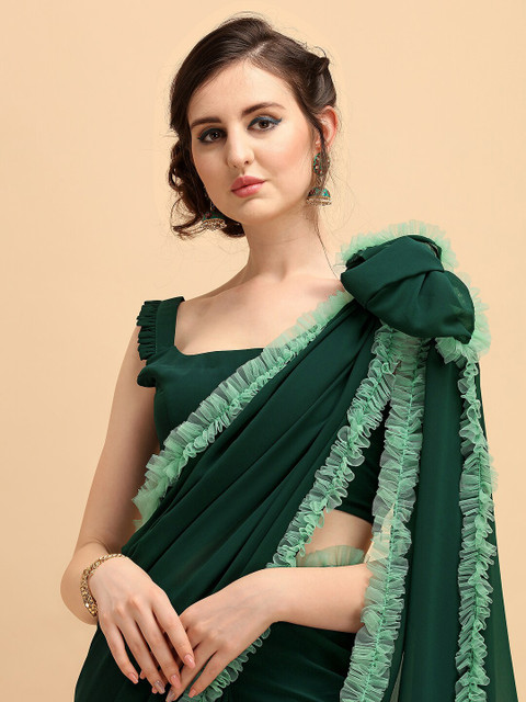 Sangria Women Solid Ruffle Saree - Image 4