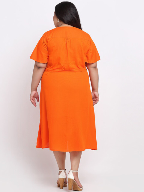 sindrellastorie Women Plus Size Orange Solid A-Line Midi Dress with Belt - Image 4