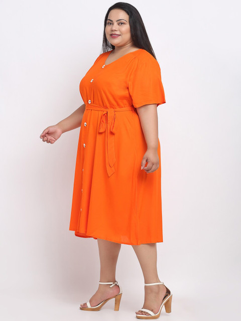sindrellastorie Women Plus Size Orange Solid A-Line Midi Dress with Belt - Image 3