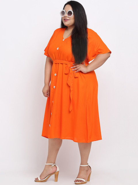 sindrellastorie Women Plus Size Orange Solid A-Line Midi Dress with Belt - Image 5
