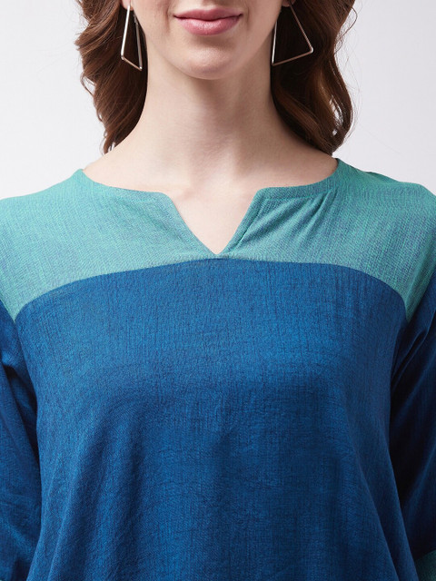 InWeave Women Blue Colourblocked Pure Cotton A-Line Top - Image 2