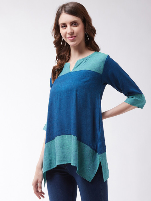 InWeave Women Blue Colourblocked Pure Cotton A-Line Top - Image 4