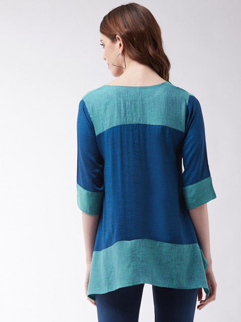InWeave Women Blue Colourblocked Pure Cotton A-Line Top - Image 5