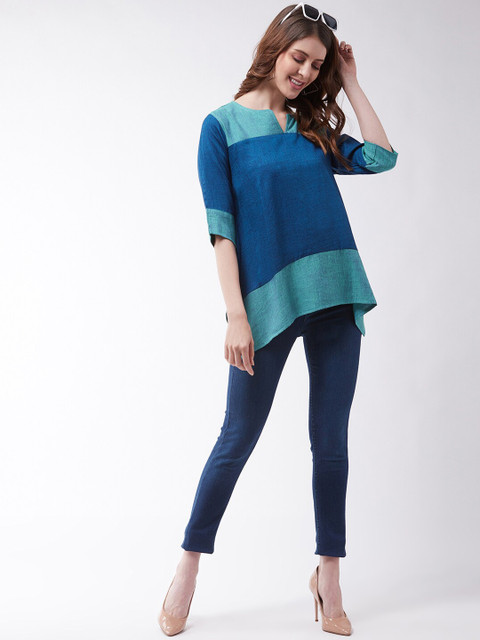 InWeave Women Blue Colourblocked Pure Cotton A-Line Top - Image 6