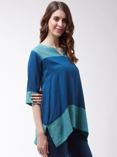 InWeave Women Blue Colourblocked Pure Cotton A-Line Top - Image 3
