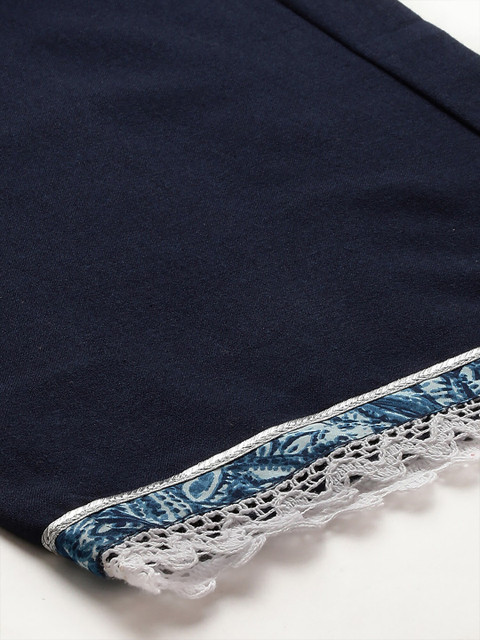 Indo Era Women Navy Blue Hem Design Straight Palazzos - Image 7
