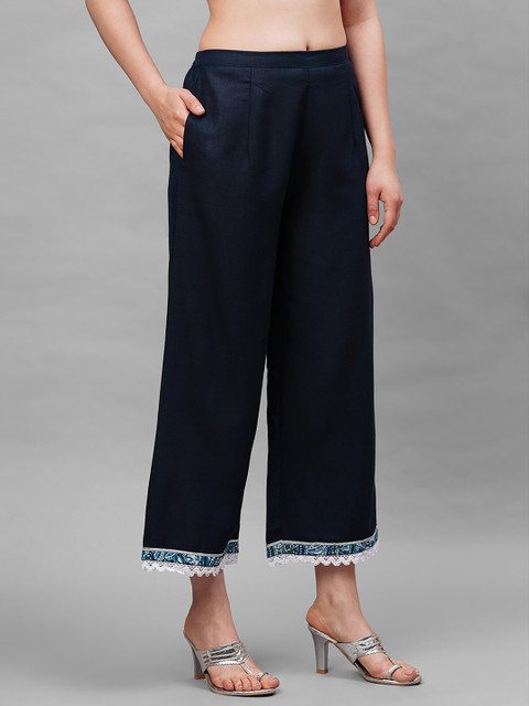 Indo Era Women Navy Blue Hem Design Straight Palazzos - Image 2