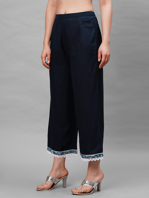 Indo Era Women Navy Blue Hem Design Straight Palazzos - Image 3