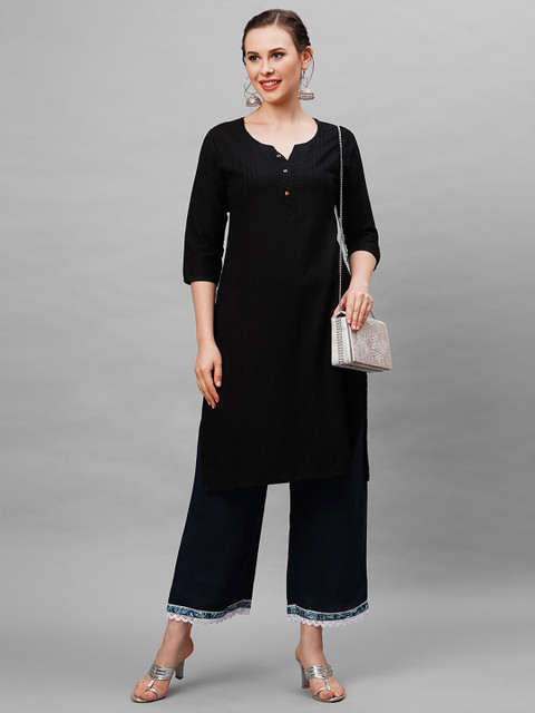 Indo Era Women Navy Blue Hem Design Straight Palazzos - Image 5